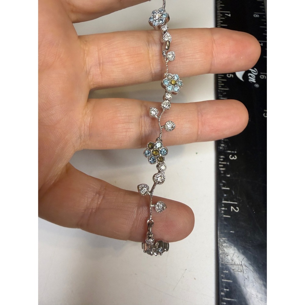 Silver Tone Blue Yellow Floral Vine Link Bracelet 7 Inch Sparkly Flower Jewelry